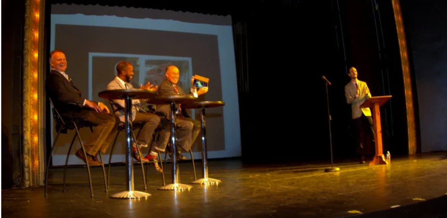 A wide view of the game show on the Virginia Samford Theater stage